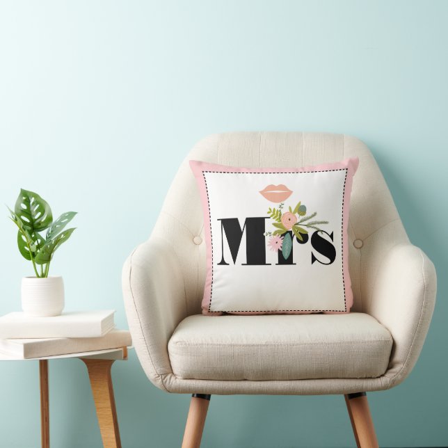 Mrs Bride Peachy Pink Lips Flora and Fauna Pillow (Chair)