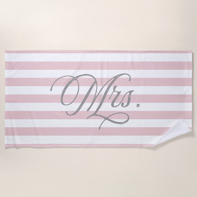Mrs | Bride Pink Striped Beach Towel (Front)
