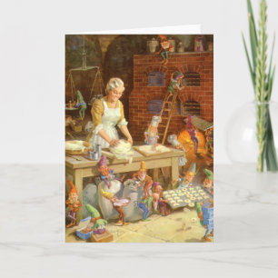 Mrs. Claus Bakes Cookies with Santa's Elves Holiday Card