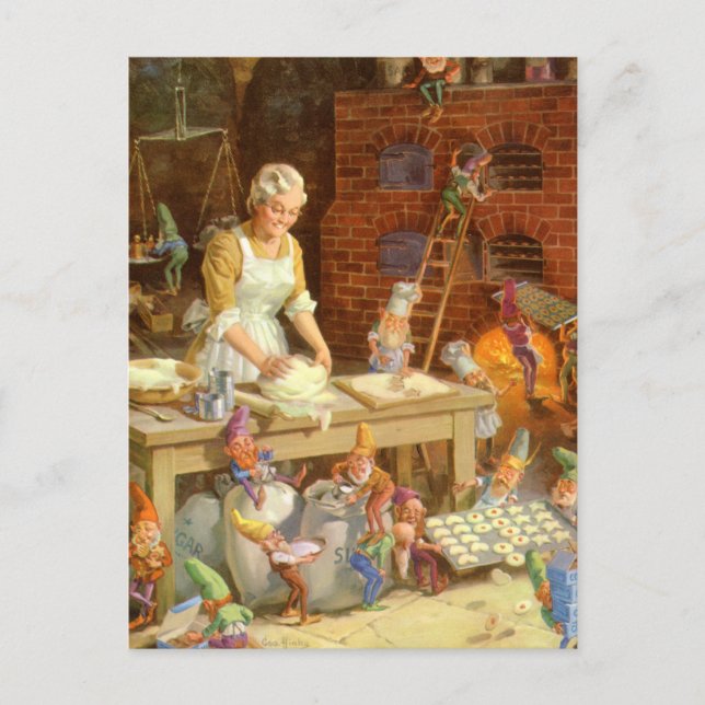 Mrs. Claus Bakes Cookies with Santa's Elves Holiday Postcard (Front)