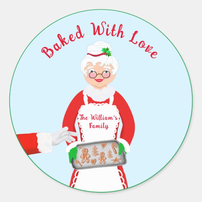 Mrs. Claus Gingerbread Cookies Baked With Love Classic Round Sticker (Front)