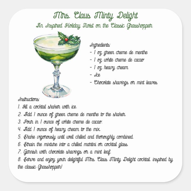 Mrs. Claus Minty Delight Cocktail Recipe Square Sticker (Front)