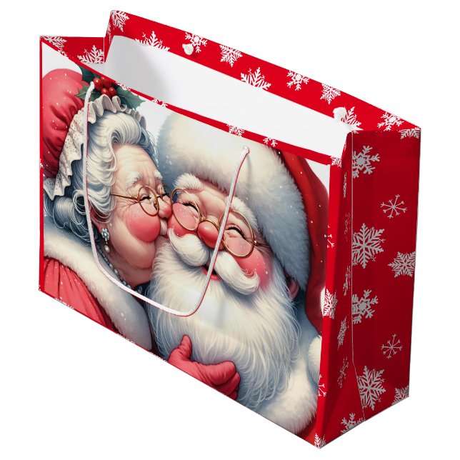 Mrs Clause Kissing Santa Cute Christmas  Large Gift Bag (Front Angled)