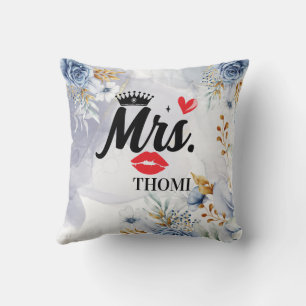 Mrs Crown Heart Floral Watercolor Bridal Shower Throw Pillow