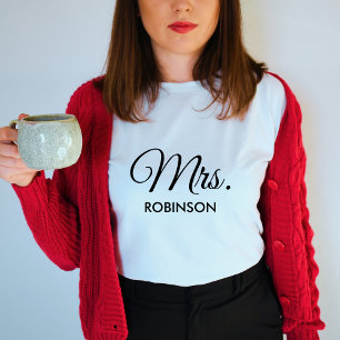 Mrs Custom Name Newlywed Black Script White Womens T-Shirt