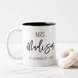 MRS Custom Name Wedding Date Personalized Wedding Two-Tone Coffee Mug<br><div class="desc">Modern calligraphy script in black for "Mrs" and your custom text for name and wedding date. Get ready for your new life as a wife Buy one for yourself or as a great gift for a newlywed bride!</div>
