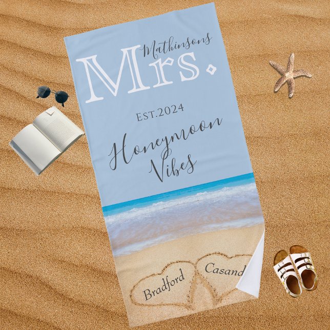 Mrs. Dusty Blue Beach Wedding 2 Hearts Sand | Towel (Creator Uploaded)