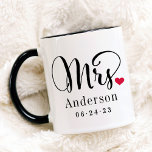 Mrs Elegant Script Heart Custom Wedding Monogram Mug<br><div class="desc">Personalized coffee mugs for the newly married Mr. and Mrs. feature elegant black script and custom last name and wedding date monogram text that can be personalized. Design includes a cute red heart detail. Makes a great wedding gift! Shop our store for the coordinating mug design.</div>