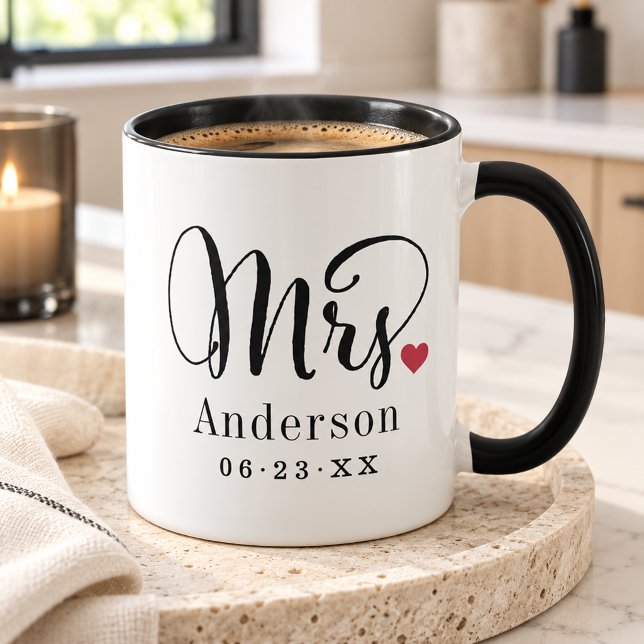 Mrs Elegant Script Heart Custom Wedding Monogram Mug (Creator Uploaded)