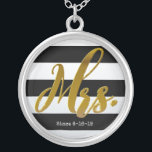 Mrs Gold Foil New Bride Personalized Necklace<br><div class="desc">Designer Mrs. in gold foil texture on a black-and-white stripes background with a place for your personalization. Mrs necklace,  Wedding Necklace,  Wedding Jewellery,  Personalized Locket,  Personalized Necklace,  Bridal Shower Gift,  New Bride Gift,  Wedding Gift for Bride.</div>