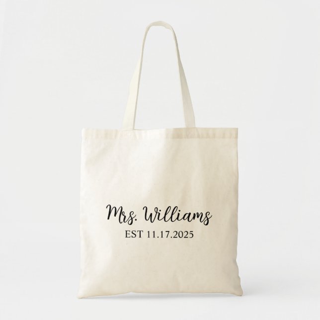 Mrs. Last Name Est Year Tote Bag, Personalized Dat Bag (Front)