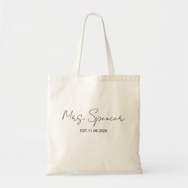 Mrs. Last Name Est Year Tote Bag Personalized Date (Front)
