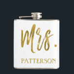 Mrs. Last Name Flask with Gold Foil Typography<br><div class="desc">Mrs. Last Name White Flask with Gold Foil Typography. The Mrs. Last Name flask  make a perfect bridal shower or honeymoon gift for the bride and matches the Mr. Silver flask for the husband.</div>