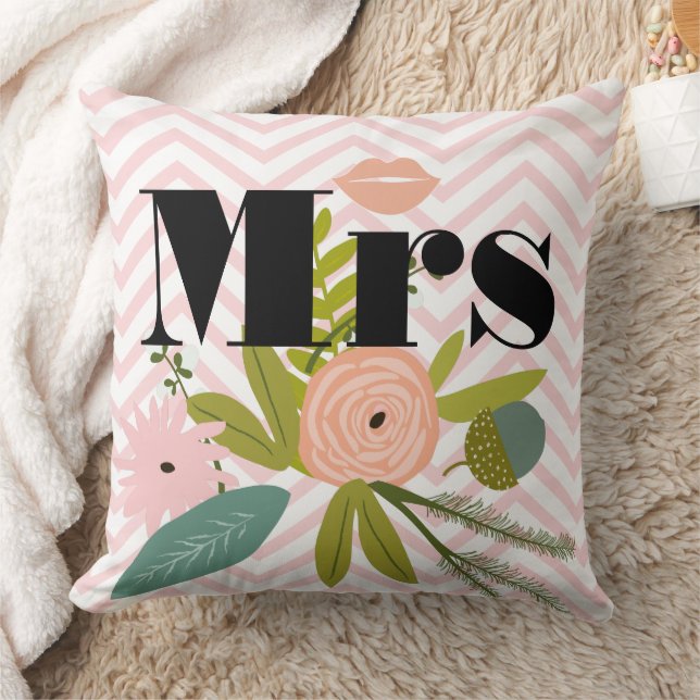 Mrs Lips Pinky Peach Zig Zag Green Teal Floral Throw Pillow (Blanket)