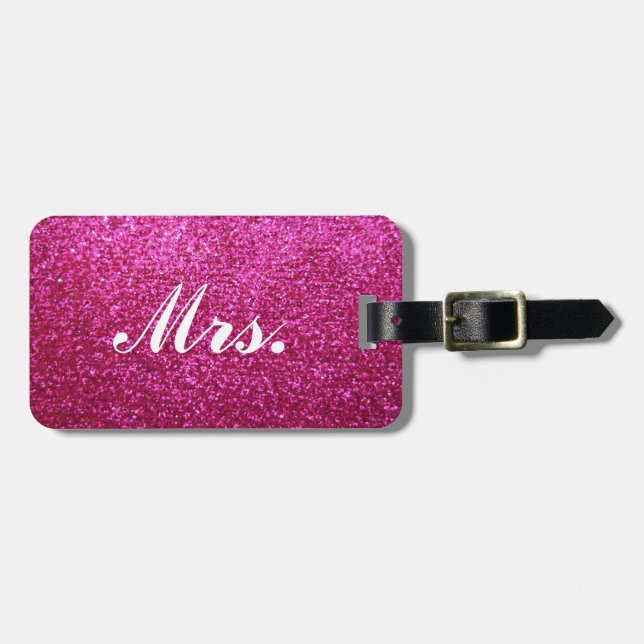 Mrs luggage tag - Hot Pink Faux Glitter (Front Horizontal)