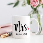 Mrs Modern Black Script Personalized Wedding Coffee Mug<br><div class="desc">Custom coffee mug features Mrs in modern black script with cute red heart accent and your married last name. Perfect gift for a bride-to-be,  for a newlywed couple,  or to give your sweetie on Valentine's Day! Visit our store or collection below for the Mr Mug that coordinates.</div>