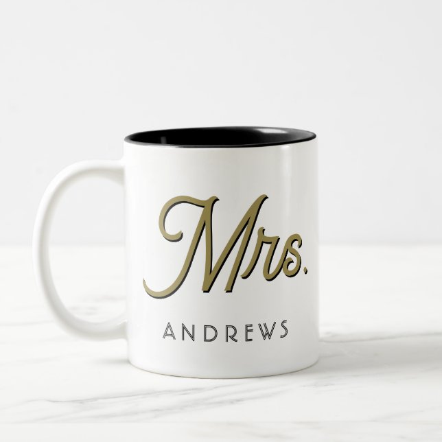 Mrs Modern Black Script Personalized Wedding  Two-Tone Coffee Mug (Left)