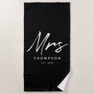 Mrs. Modern Black White Minimalist Script Beach Towel
