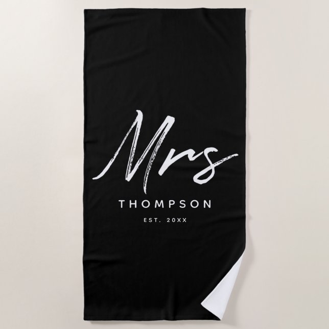 Mrs. Modern Black White Minimalist Script Beach Towel (Front)