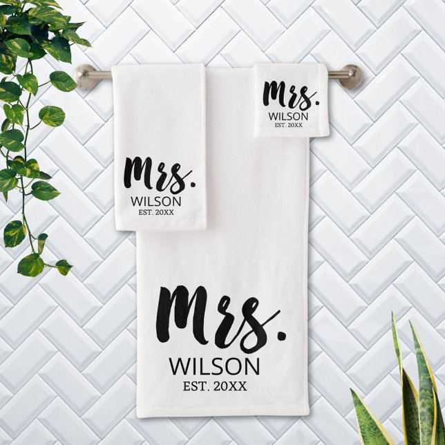 Mrs Modern Brush Font Wedding Anniversary Couple Bath Towel Set (In situ Bathroom wall)