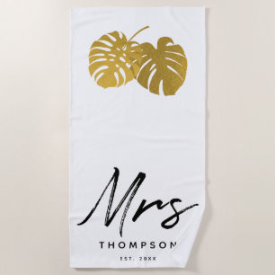 Mrs. Modern Gold Monstera Tropical Leaves Script Beach Towel
