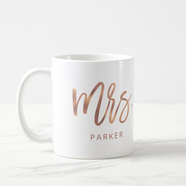 Mrs. | Modern Rose Gold Script and Last Name Coffee Mug (Left)
