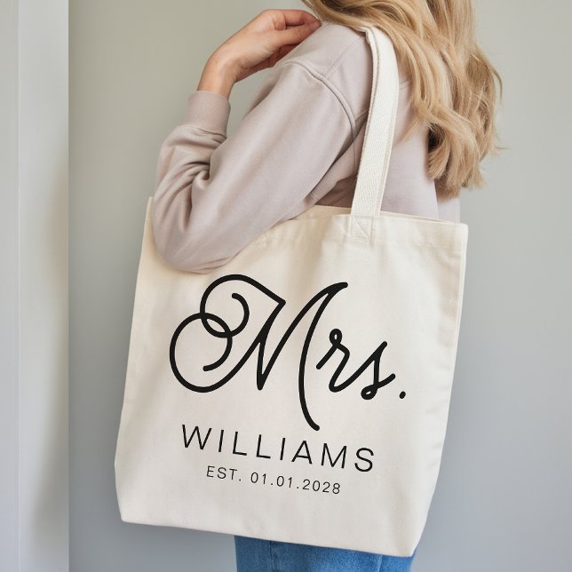 Mrs Modern Script Custom Wedding Newlywed Gift Tote Bag (Personalized Mrs Tote Bag Bachelorette Gift for Her, Bridal Party Tote Bag Personalized Gift for Her)