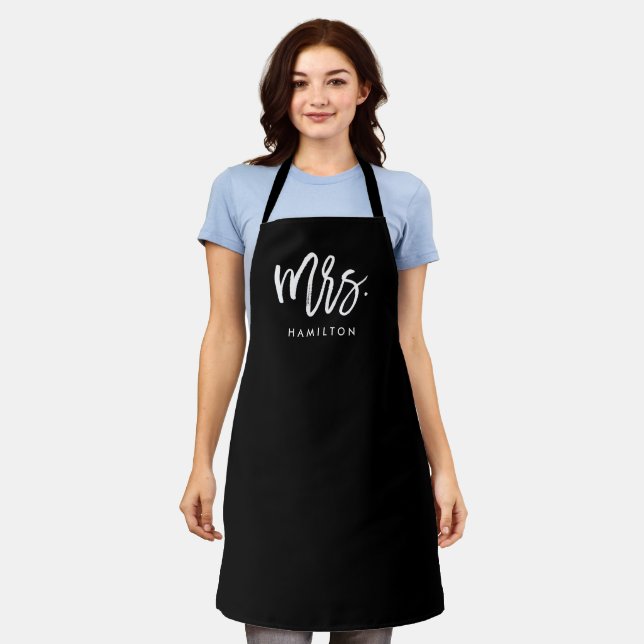 Mrs. Modern Script Personalized Wedding Apron (Worn)