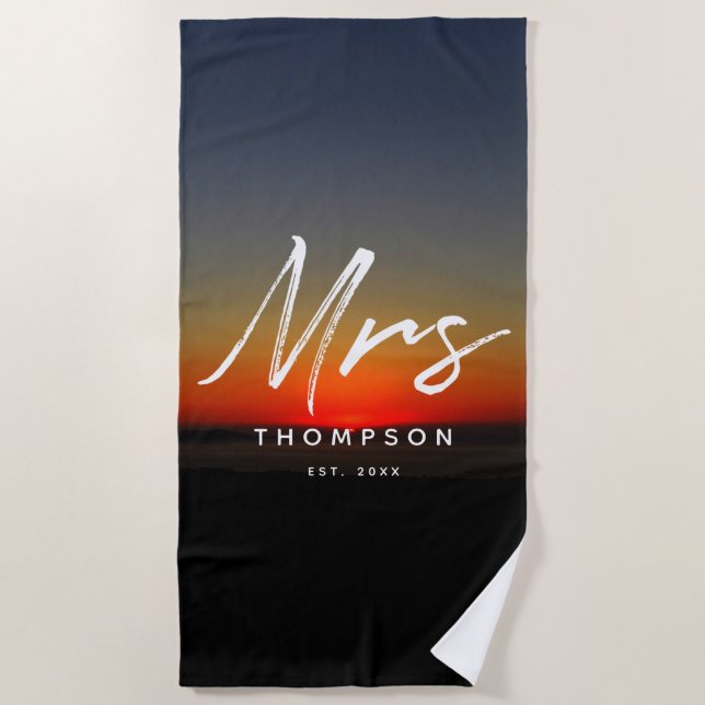 Mrs. Modern Sunset in Water Minimalist Script  Beach Towel (Front)