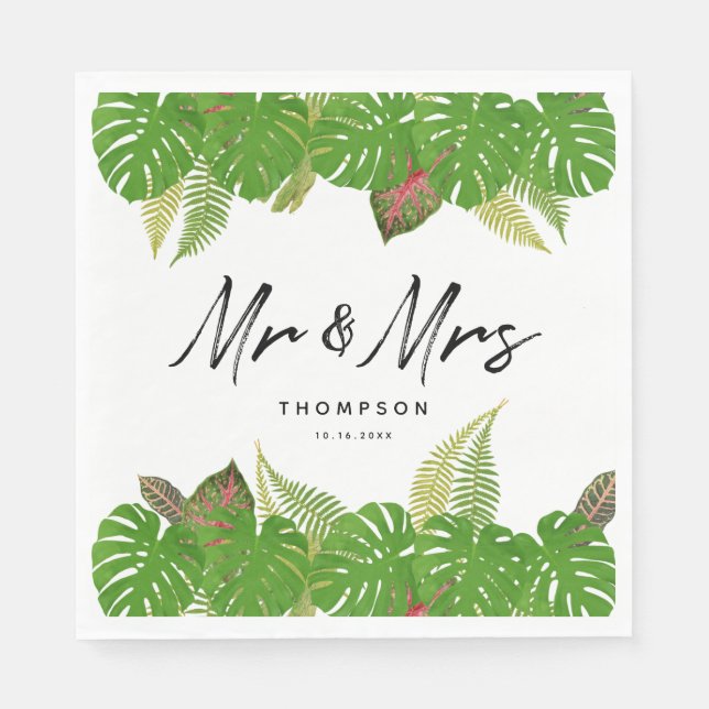Mrs. Modern Tropical Leaves Script Wedding Napkin (Front)