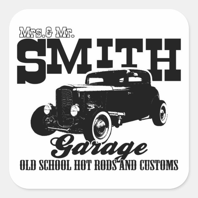 Mrs.& Mr. Smith Hot-Rod Garage Square Sticker (Front)