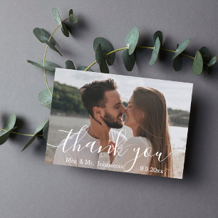 mrs & mr stylish calligraphy wedding day photo  thank you card