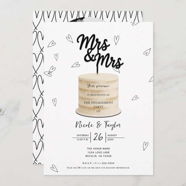 Mrs. & Mrs. Cake & Hearts Black White Engagement Invitation (Front/Back)