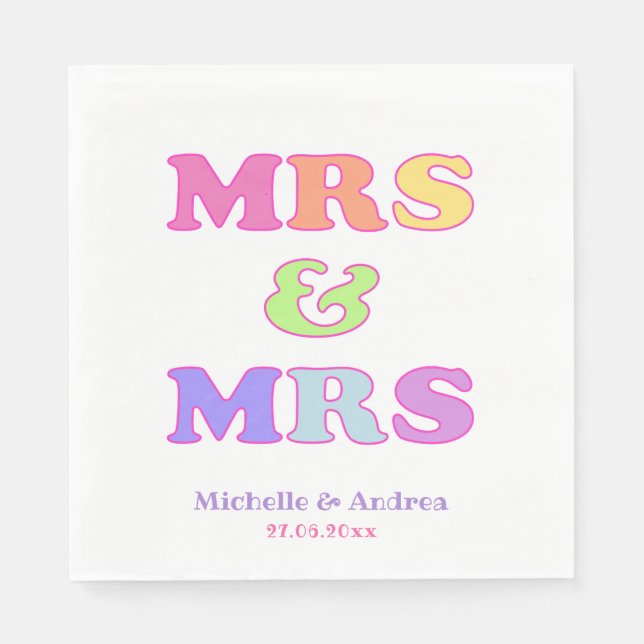 Mrs & Mrs | Cute Colourful Gay Wedding Napkin (Front)