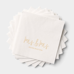 Mrs & Mrs Modern Script Custom Name Wedding Gold Foil Napkins