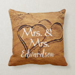 Mrs. & Mrs name two hearts in sand lesbian wedding Throw Pillow<br><div class="desc">Modern elegant,  Mrs. and Mrs.,  two hearts in sand,  custom name,  Gay,  Lesbian,  Beach Wedding pillow.
You can personalize it and add your own text and name.</div>