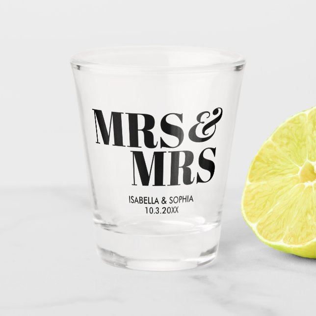 Mrs & Mrs Personalized Wedding Shot Glass Favours (Front)
