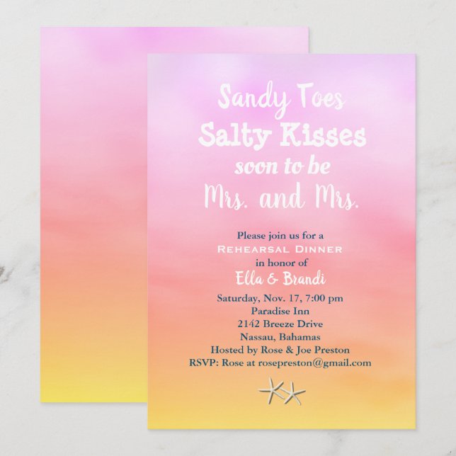 Mrs. & Mrs. Sandy Toes Rehearsal Dinner sunset Invitation (Front/Back)