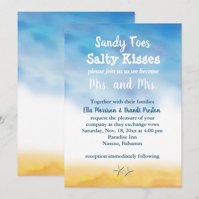 Mrs. & Mrs. Sandy Toes Wedding Invite - sky & sand (Front/Back)