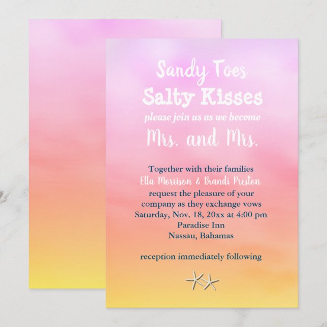 Mrs. & Mrs. Sandy Toes Wedding Invite sunset (Front/Back)