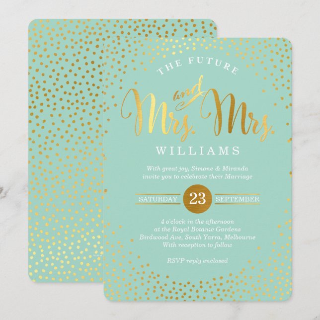 MRS & MRS STYLISH WEDDING gold confetti mint Invitation (Front/Back)