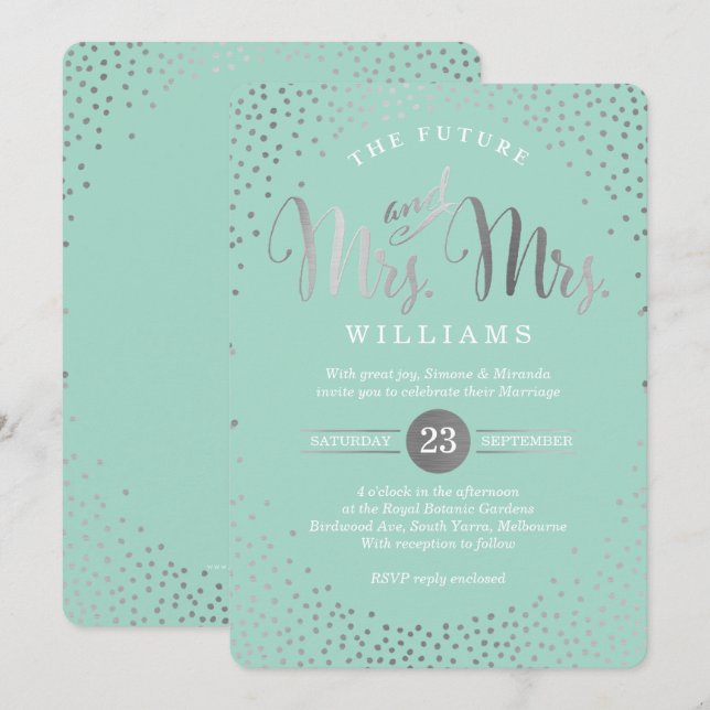MRS & MRS STYLISH WEDDING silver confetti mint Invitation (Front/Back)