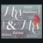 Mrs & Mrs Wedding/Anniversary Personalized Names Wrapping Paper<br><div class="desc">A beautiful fall image of a wooden fence and Autumn leaf.  Mrs. & Mrs. in large cursive print with first name personalization.  This beautiful linen gift wrap can then be reused by the couple in many different ways for years to come!</div>