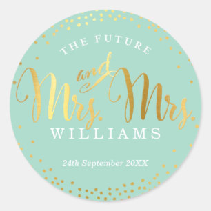 MRS & MRS WEDDING SEAL stylish gold confetti mint