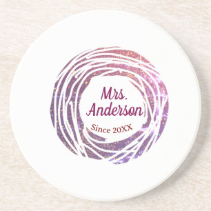 Mrs name pink mauve border since year wedding brid coaster