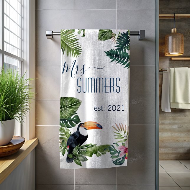 Mrs Newlywed Bride Monogram Tropical Leaves  Beach Towel (Creator Uploaded)