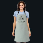 Mrs newlywed bride personalized sage green apron<br><div class="desc">For the newlywed,  this sage green and black apron features "Mrs." in an elegant and modern script along with a last name and "established" date. Makes a cute bridal shower,  wedding or bachelorette gift!</div>
