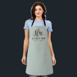 Mrs newlywed bride personalized sage green apron<br><div class="desc">For the newlywed,  this sage green and black apron features "Mrs." in an elegant and modern script along with a last name and "established" date. Makes a cute bridal shower,  wedding or bachelorette gift!</div>