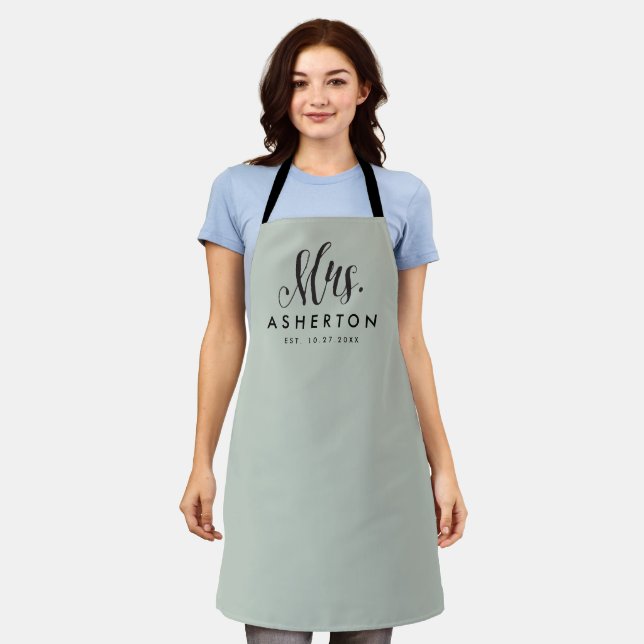 Mrs newlywed bride personalized sage green apron (Worn)