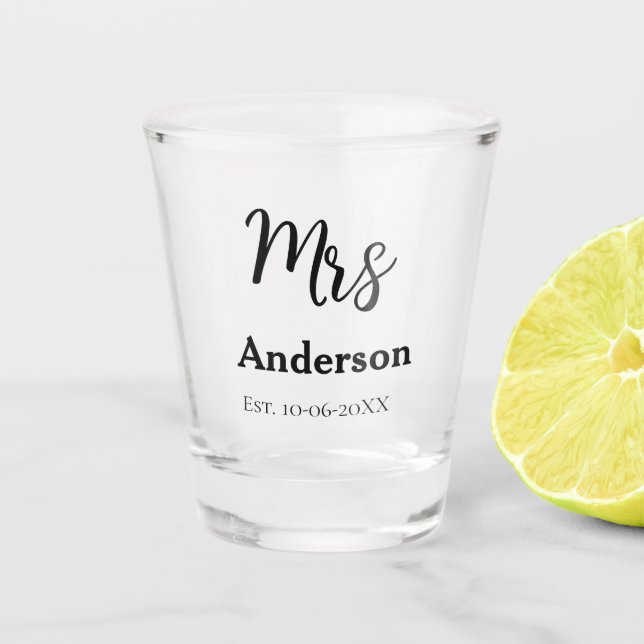 Mrs newlywed wife bride name date year est. Simple Shot Glass (Front)